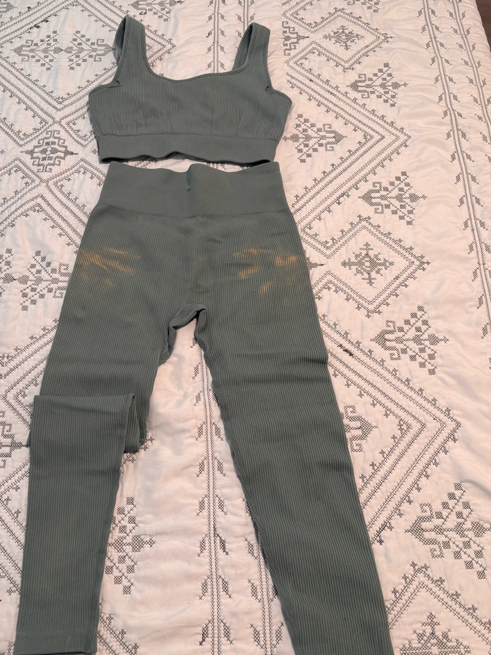 High-Waist Ribbed Leggings & Crop Tank Set in Sage Green